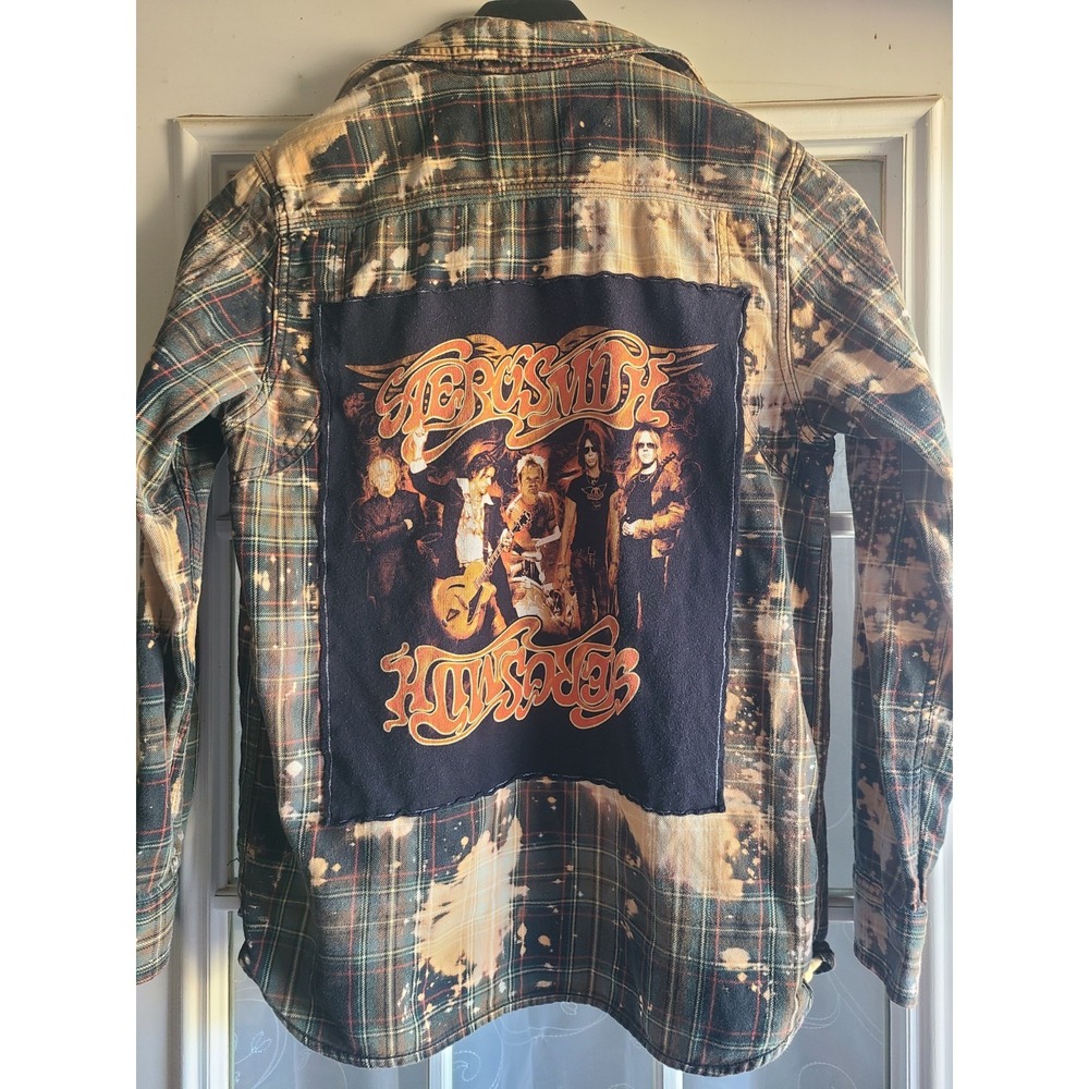 Vans Off The Wall Plaid Bleached Flannel Shirt Aerosmith Band Patch Upcycled